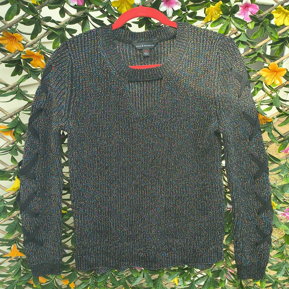 Rock & Republic Black V-Neck Sweater with Lace-Up Detail